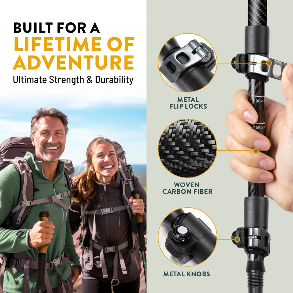 Ultra Light Carbon Fiber Trekking Poles - Cork & EVA Grips, Quick Flip Locks, 24-55" Adjustable