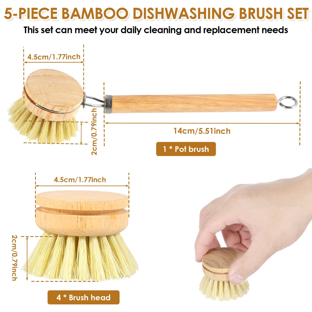 3/4/5/10Pcs Bamboo Dish Scrub Brushes Replaceable Dish Brush Kitchen Cleaning Scrubbers Household Cleaning Brush Wooden Tool