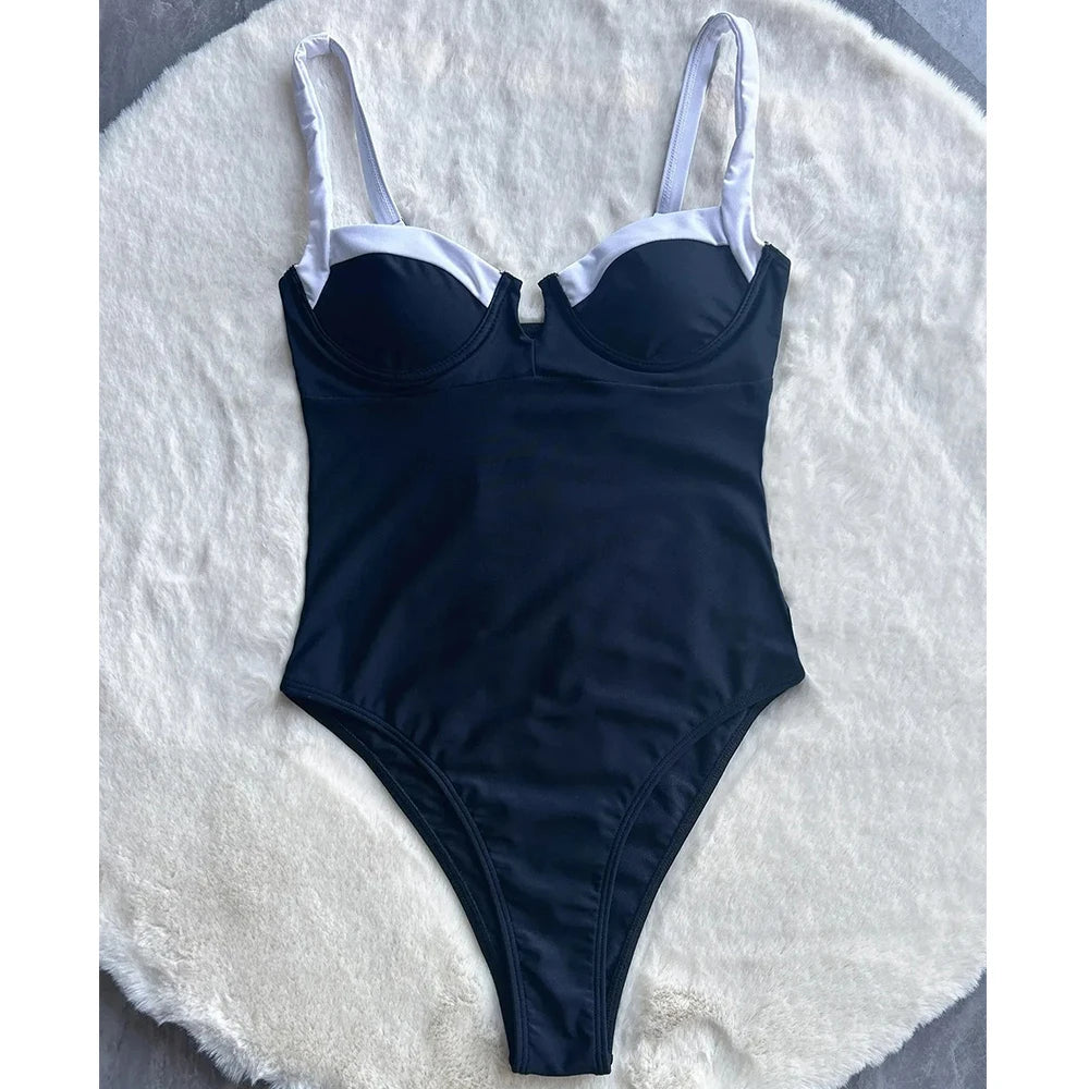 Push Up One Piece Swimsuit For Women Sexy Patchwork Monokini Swimwear 2024 Bathing Suit Beachwear Backless Swimming Suit Bathers