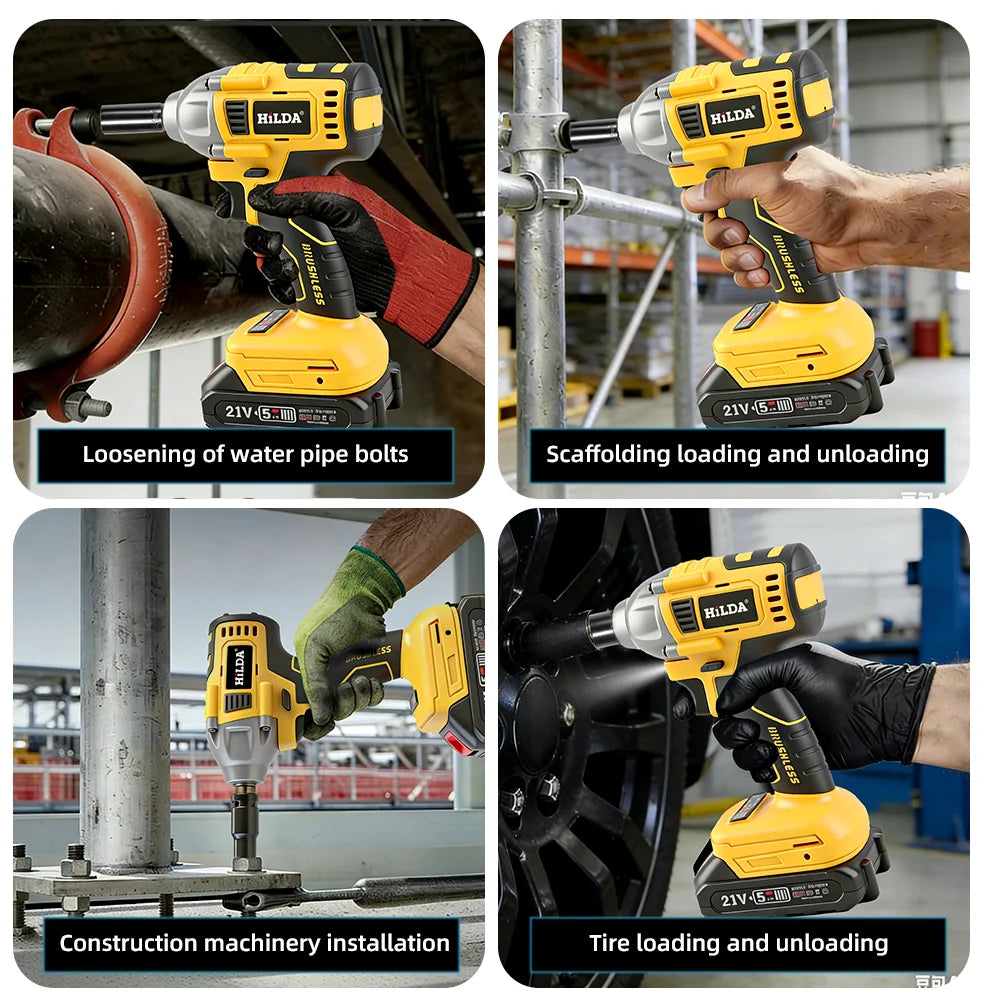 HILDA 1/2" Cordless Impact Wrench Brushless Electric Wrench LED Light Power Tool for Scaffolding Tire Repair for Makita Battery