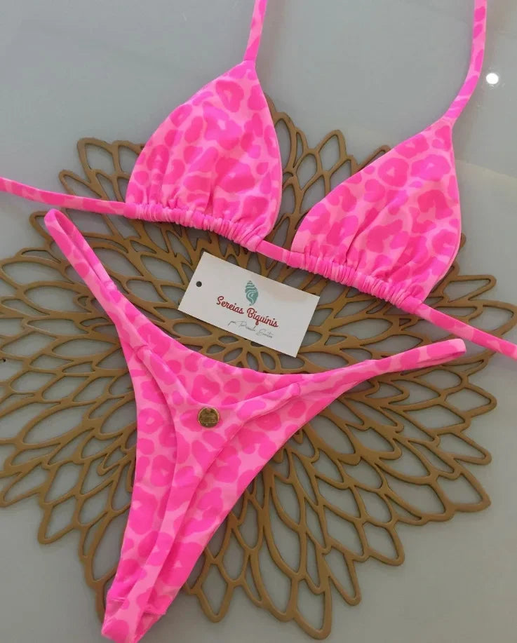 Print Sexy Bikini Sets Halter Lace-up Tops Thongs Beach Style Bathing Suit Y2k Swimsuits Women Beachwear Купальник Женский 2025