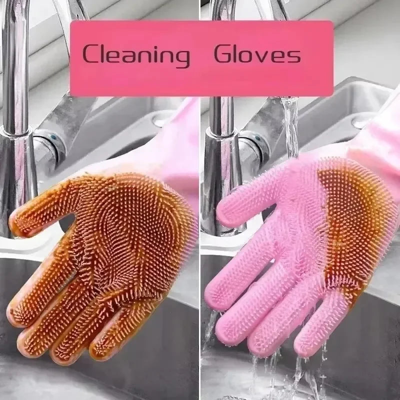 1pc Silicone Dishwashing Gloves Cleaning Gloves Silicone Rubber Sponge Gloves Scrubber Kitchen Cleaning Tools Pet Bath Gloves