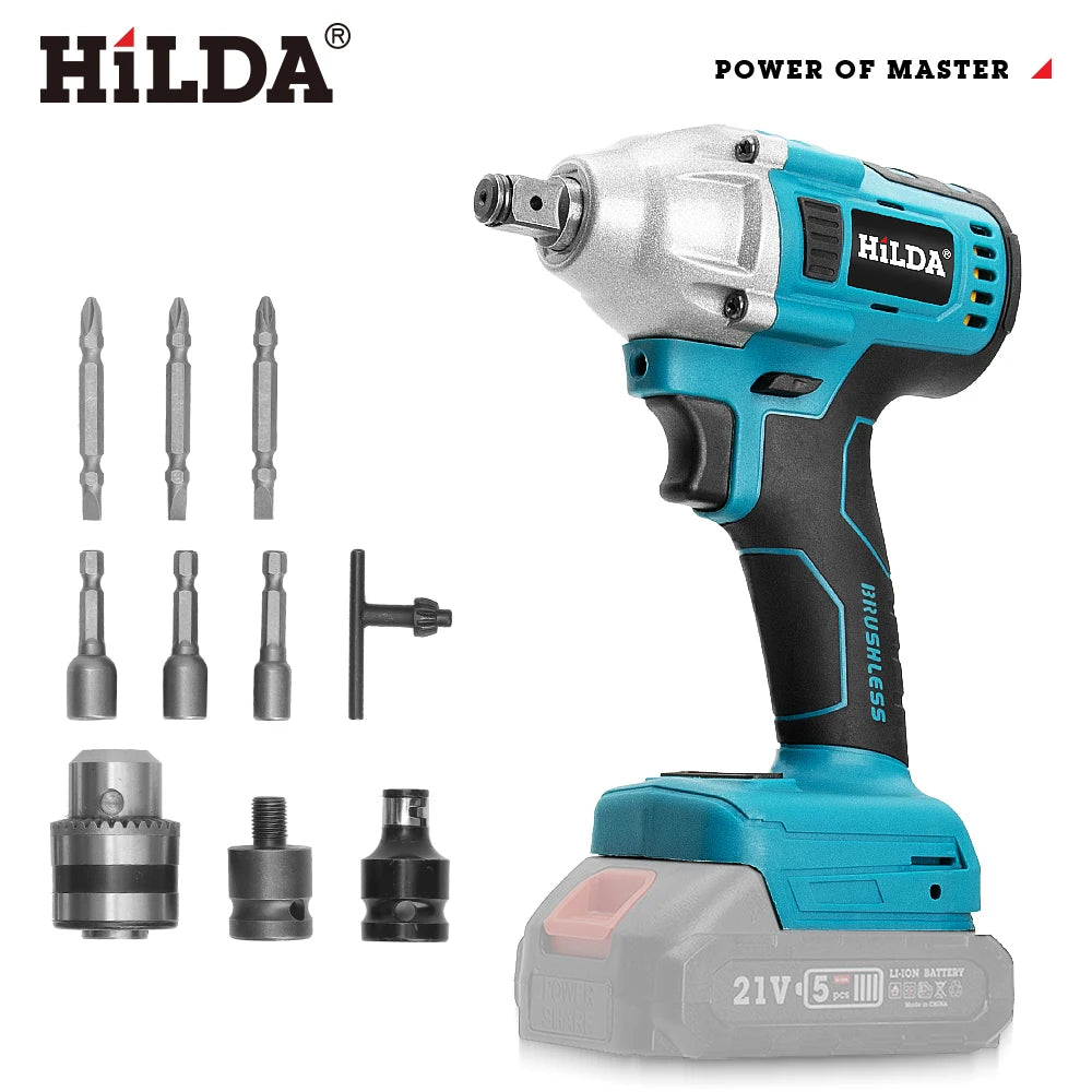 HILDA 1/2" Cordless Impact Wrench Brushless Electric Wrench LED Light Power Tool for Scaffolding Tire Repair for Makita Battery