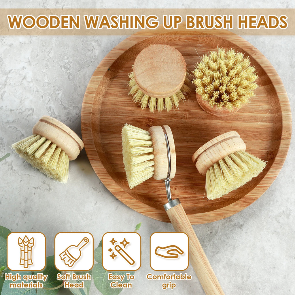 3/4/5/10Pcs Bamboo Dish Scrub Brushes Replaceable Dish Brush Kitchen Cleaning Scrubbers Household Cleaning Brush Wooden Tool