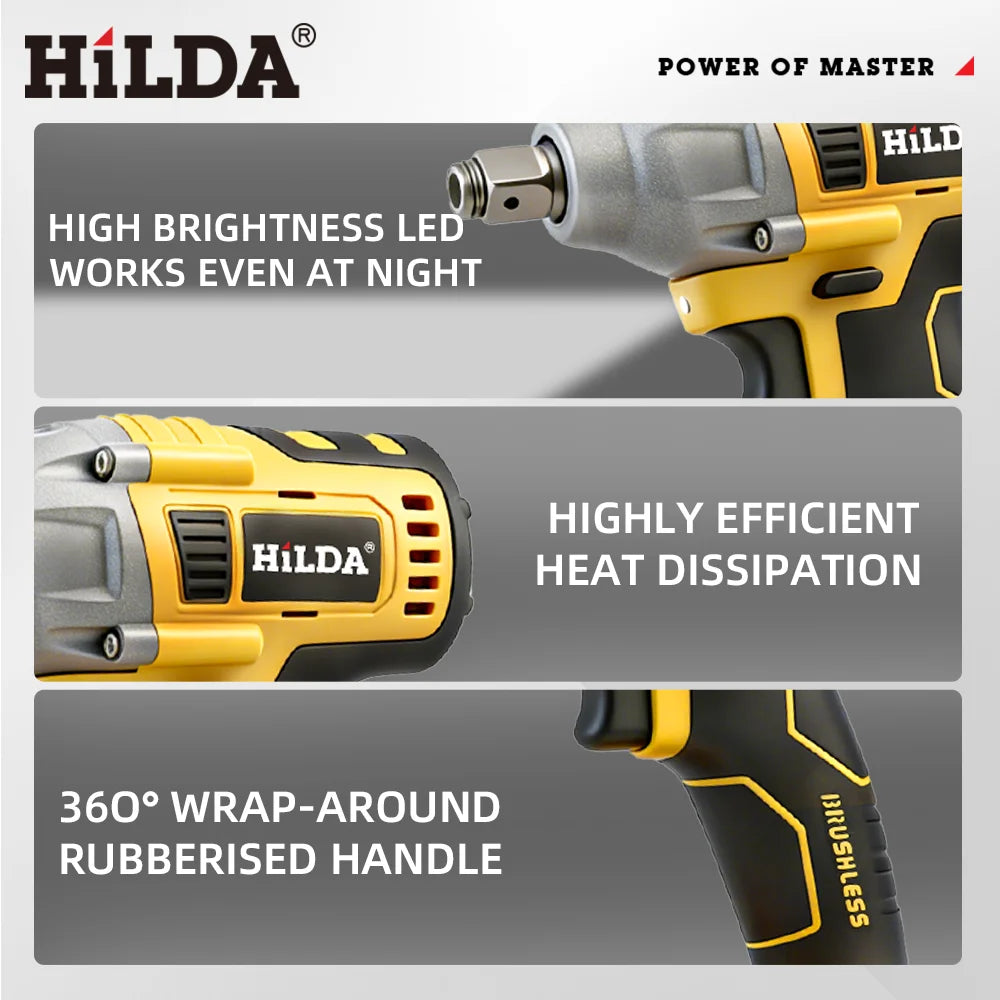 HILDA 1/2" Cordless Impact Wrench Brushless Electric Wrench LED Light Power Tool for Scaffolding Tire Repair for Makita Battery