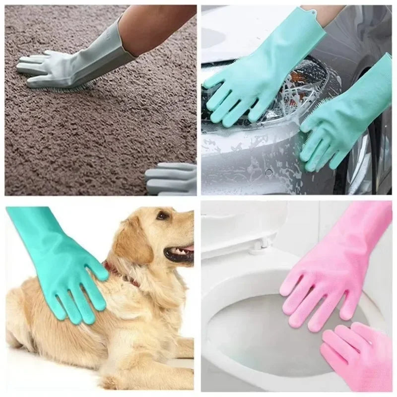 1pc Silicone Dishwashing Gloves Cleaning Gloves Silicone Rubber Sponge Gloves Scrubber Kitchen Cleaning Tools Pet Bath Gloves