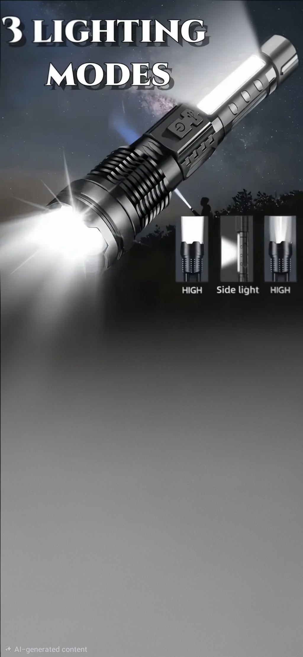 This high-lumens rechargeable LED flashlight features a USB-C port for fast charging and a functional COB side light