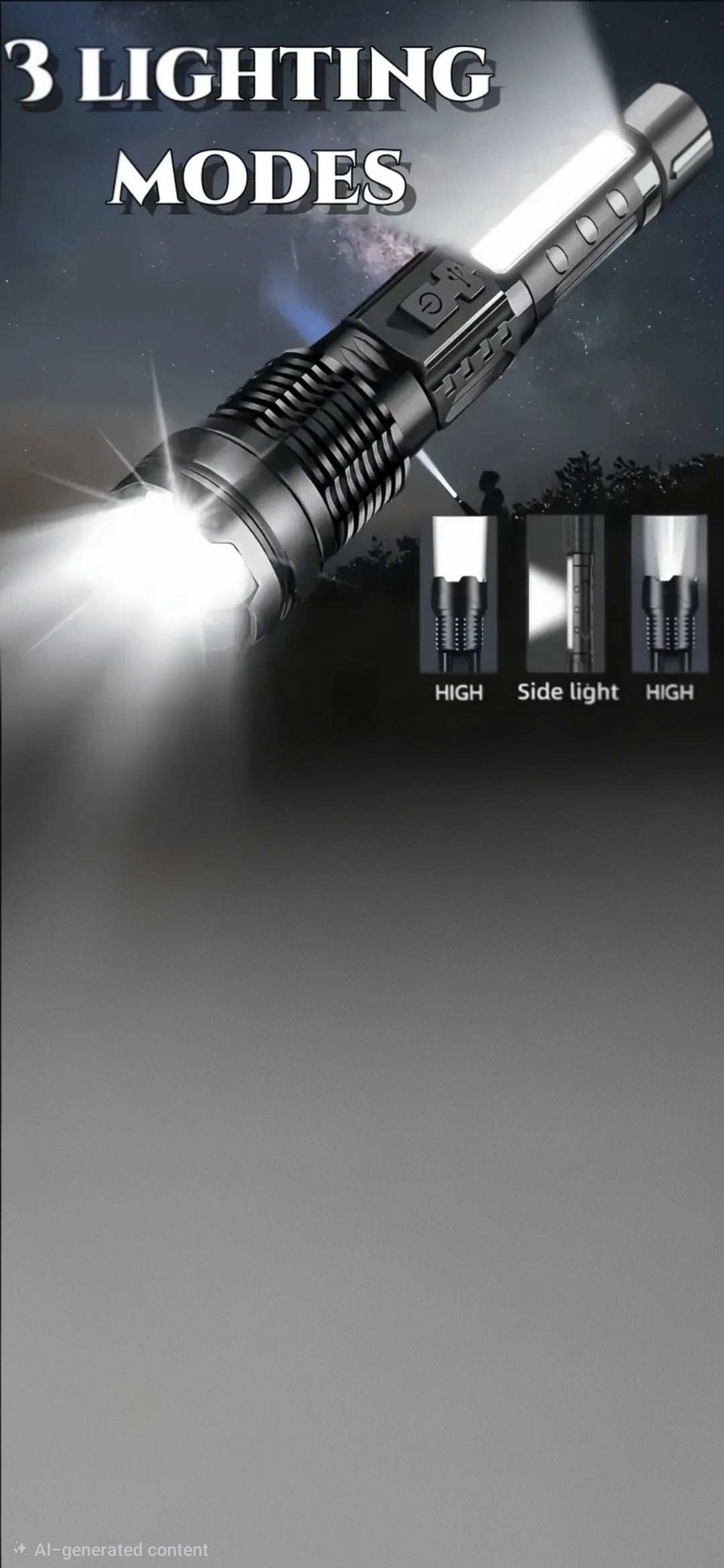 This high-lumens rechargeable LED flashlight features a USB-C port for fast charging and a functional COB side light
