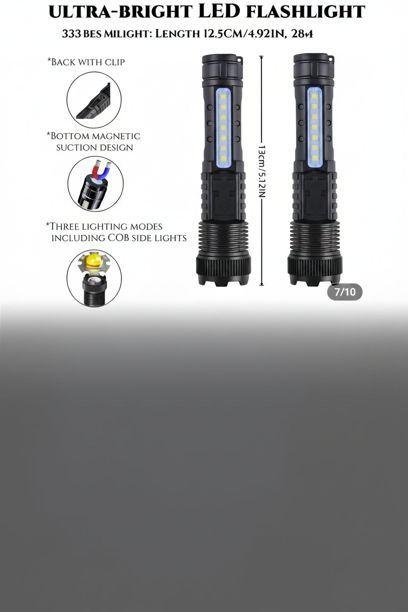 This high-lumens rechargeable LED flashlight features a USB-C port for fast charging and a functional COB side light